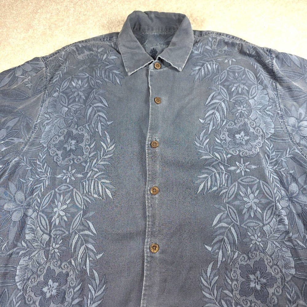 Tommy Bahama Shirt Mens L Blue Silk Floral Short Sleeve Button-Up‎ Hawaiian